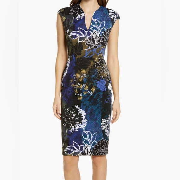 Connected Apparel Periwinkle Floral Comfy Sheath Work Dress - Picture 3 of 11